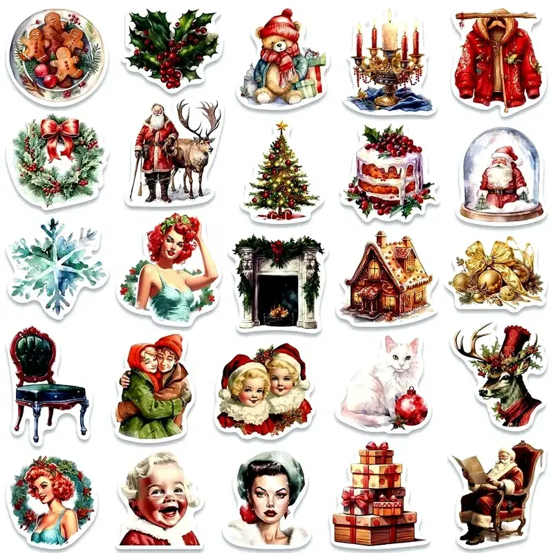 Retro-style holiday sticker set featuring classic Christmas motifs. Includes 50 unique vintage-inspired designs ideal for gifting and seasonal DIY. Proudly designed by ononswitch. RETRO XMAS sticker set holiday decoration 50PCS ononswitch