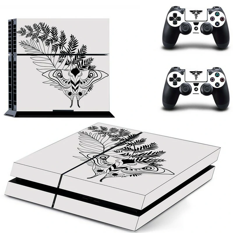 Custom-fit PS4 skin DPTM3045: durable vinyl wrap with precise cutouts for ports and buttons. Designed and sold by ononswitch for PlayStation 4 consoles. Black PS4 console with geometric red-and-white pattern skin DPTM3045 by ononswitch