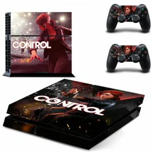 Custom matte black PS4 console skin with geometric pattern and subtle logo